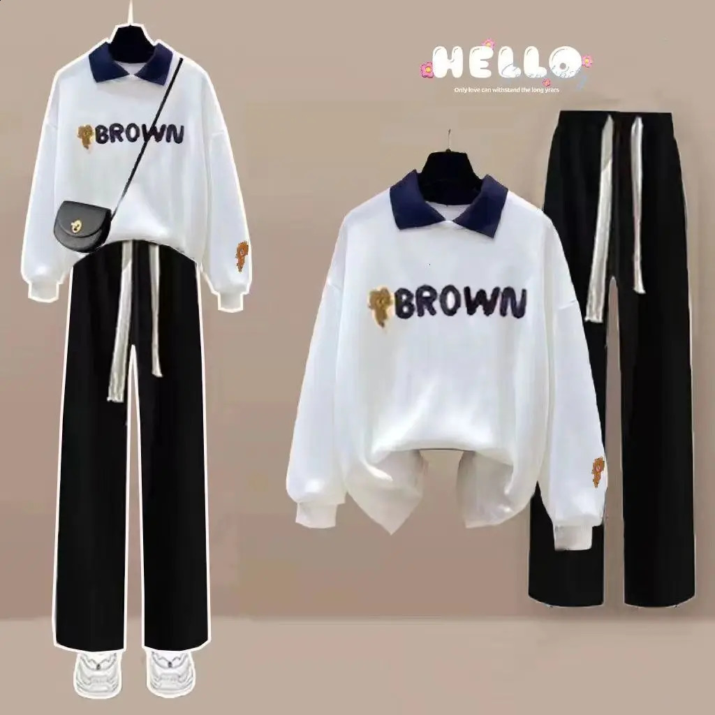 Spring and Autumn Sports Set Womens Korean Edition Loose POLO Neck Loose TopElastic Waist Casual Pants Two Piece Set 240820