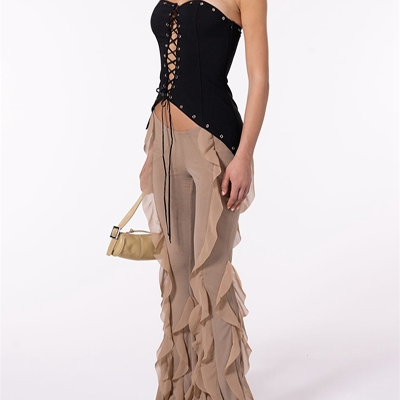 Women s Ruffle Flare Pants y2k Solid Low Rise Stretch Bell Bottom Trousers Rave Club Streetwear 240819