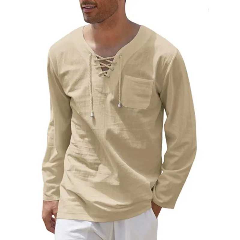 Summer New Mens Long Sleeves T-shirt Cotton Linen Clothes V Neck Lace-up Loose Tops Tees Shirt Beach Casual Pullover S-4XLXJ240819