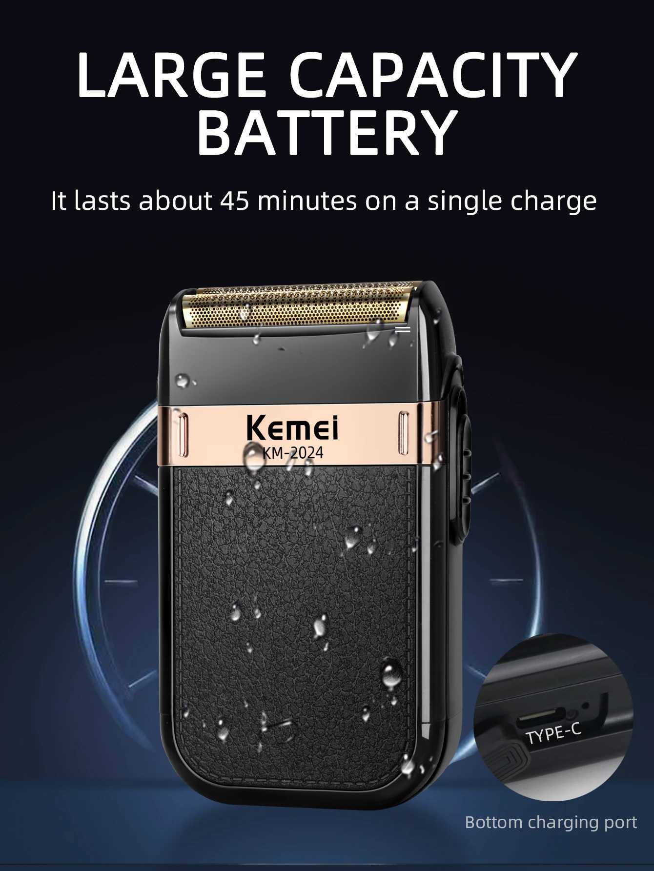 Kemei Mens Electric Shaver Waterproof Double Blade Reciprocating Cordless Shaver USB Charging Shaver W240819