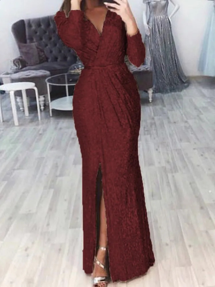 Autumn Winter Womens Dress Sequin V-neck Long Sleeved Waist Sexy Split High End Casual Fashion Elegant Dress Womens Dress 240819