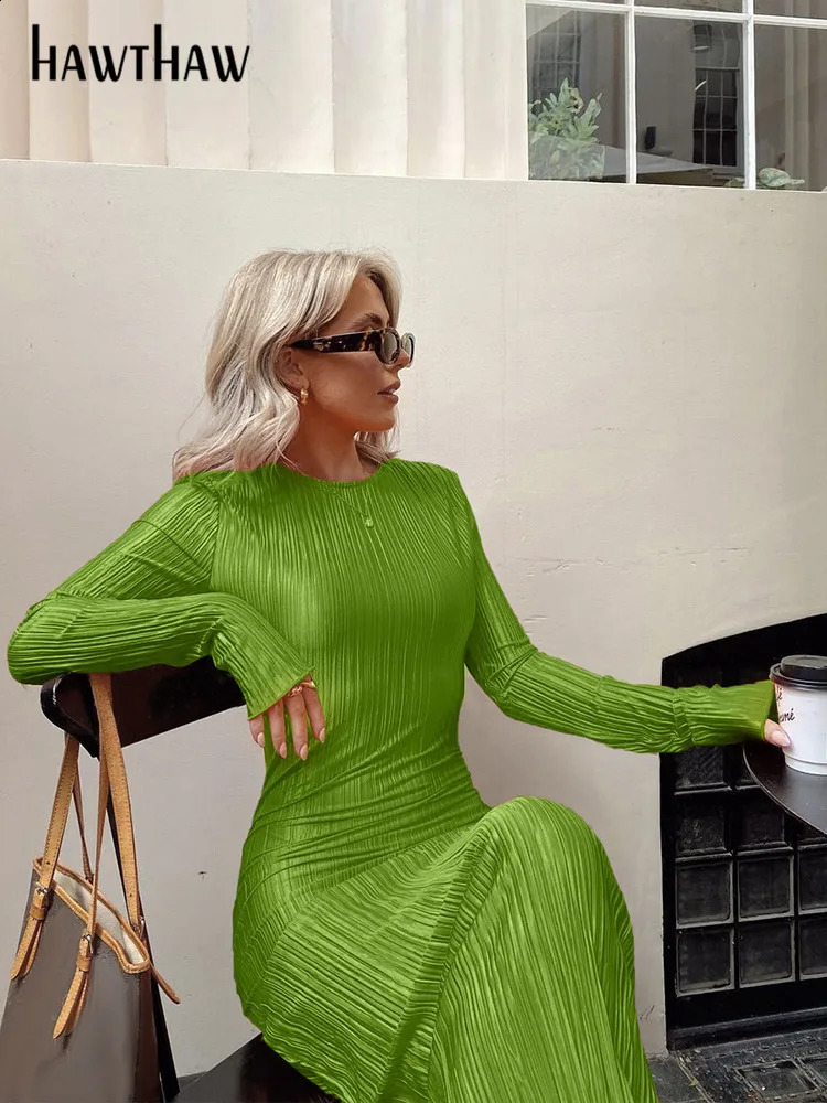 Hawthaw Women Fashion Long Sleeve Streetwear Bodycon Orange Midi Dress Autumn Clothes Wholesale Items For Business 240819
