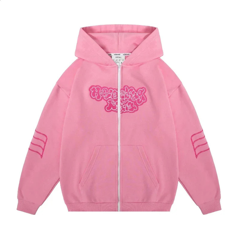 Kussia88 Y2K Zip Up Hoodie Men Women Trendy Art Embroidery Sweatshirt Fashion Harajuku Pink Oversized Streetwear Unisex Clothing 240819