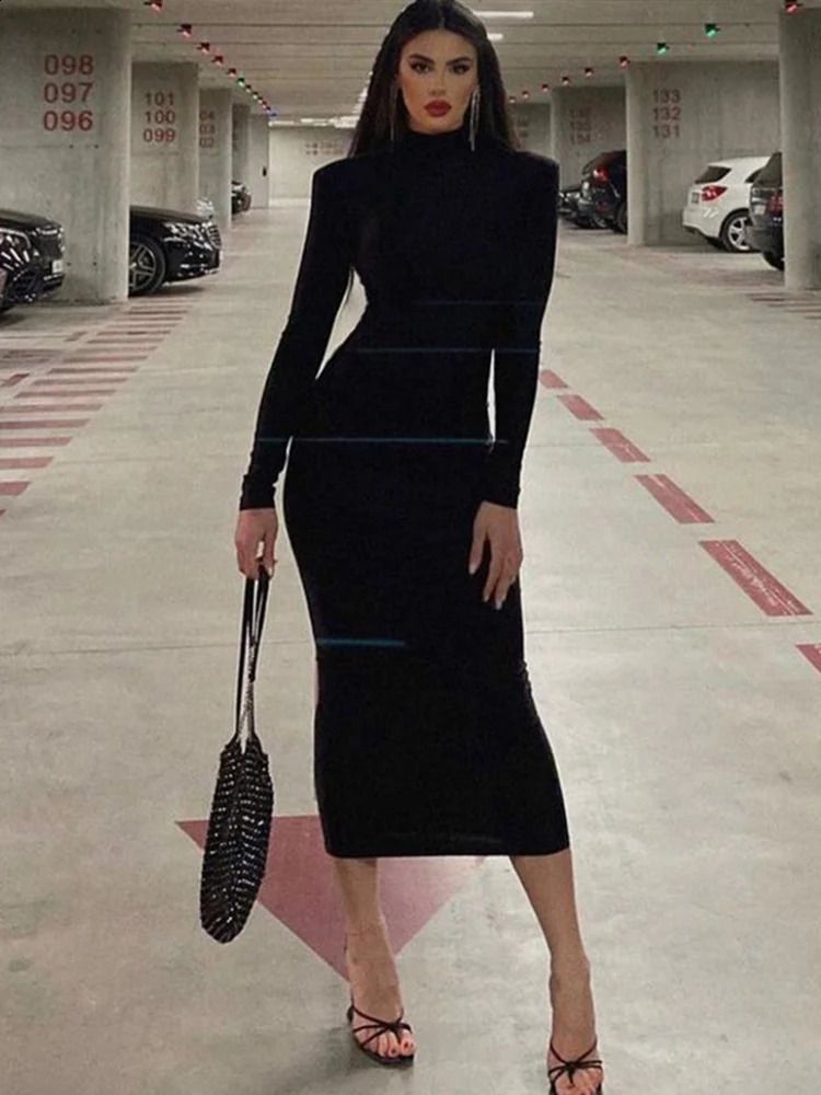 CNYISHE Women Turtleneck Black Sexy Bodycon Maxi Dress Winter Casual Streetwear Costume Casual Going Out Dresses Women Robe 240819