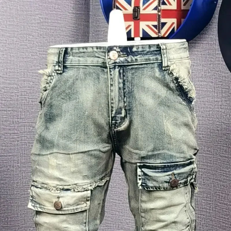 Autumn Winter Broken Denim Jean Mens Patch Slim Feet Fashion Retro Cargo Pants Vintage Pantalon Skinny Homme Jeans 240819