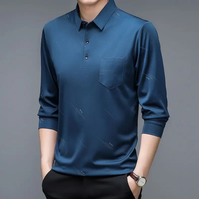 Men Business Fashion Long Sleeve Polo Shirts Spring Autumn Lapel Korean Male Clothes Streetwear Casual Thin Smooth Tops 240820