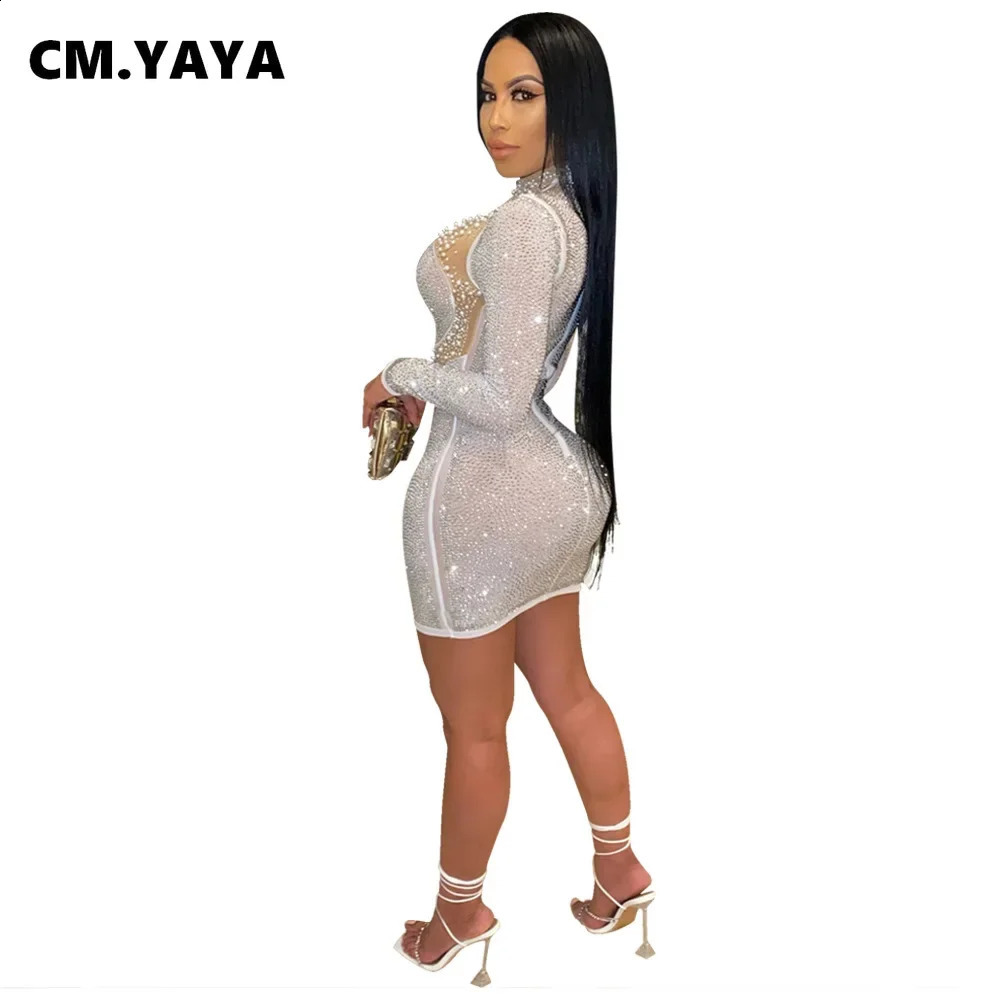 CM.YAYA Autumn Winter Sequins Beading Mesh Splicing Women Mini Dress Long Sleeve Bandage Bodycon Night Club Sexy Midi Dresses 240819