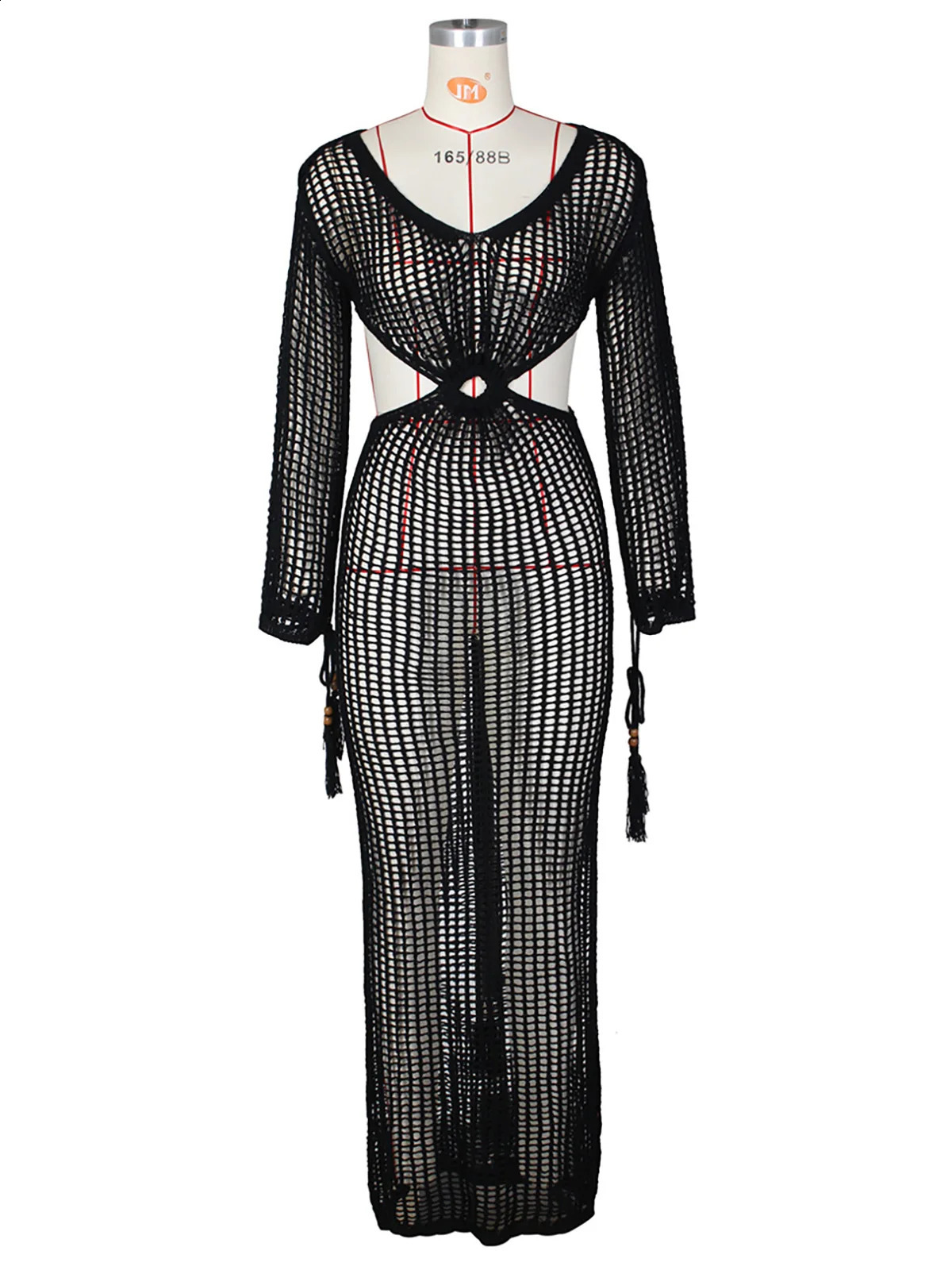 S - XL Sexy Crochet Knited Hollow Out Bodycon Long Dress Long Sleeves Fringe Tunic Cover-Ups Beach Dress Maxi Dress DV5322 240819