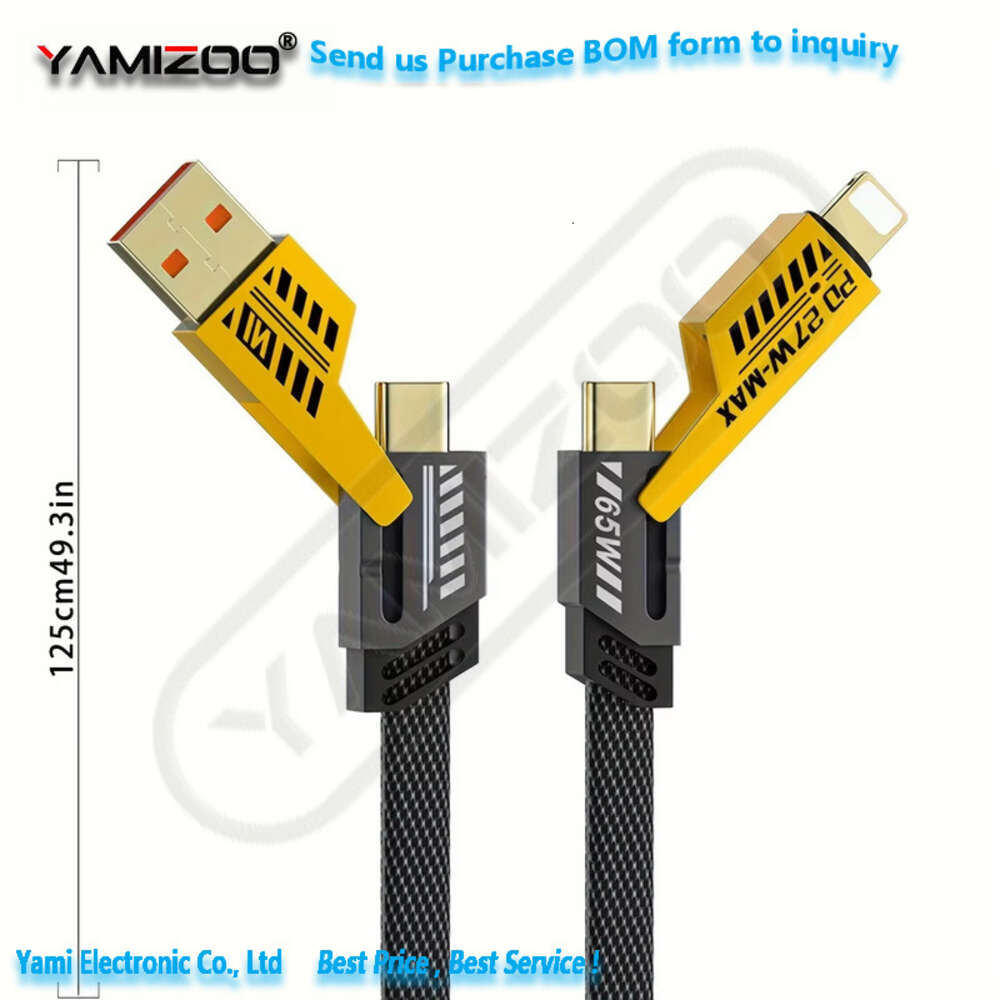 4 in 1 USB C Charging Cable 1.2m 3.6ft Type-C Connector Nylon PD 65W 27W Fast Charging Charger Cable USB Type-C to Type-C Lightning