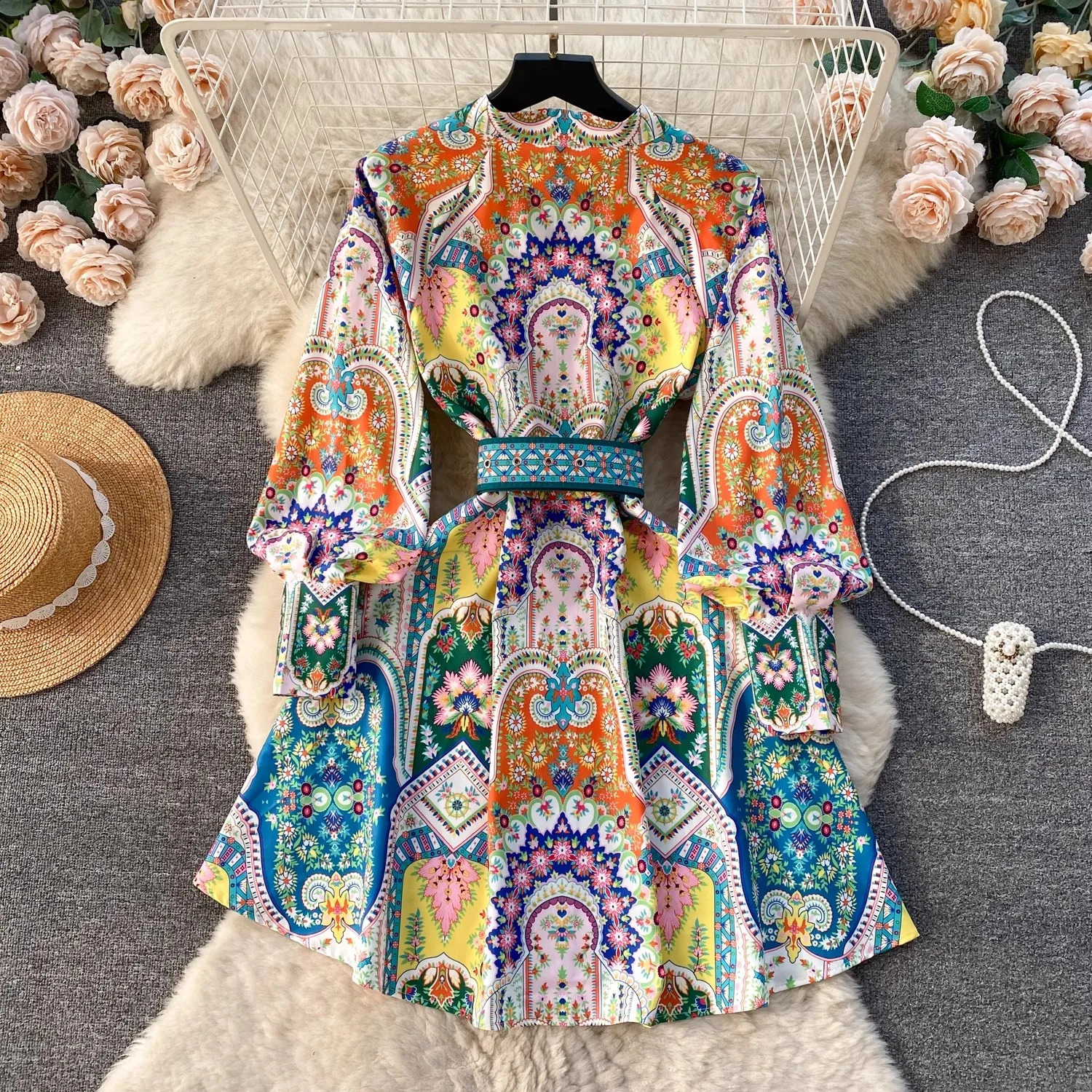 Gorgeous Flower Blooming Mini Dress Womens Stand Collar Lantern Sleeve Buttons Floral Print Lace Up Belt Holiday Beach Vestidos