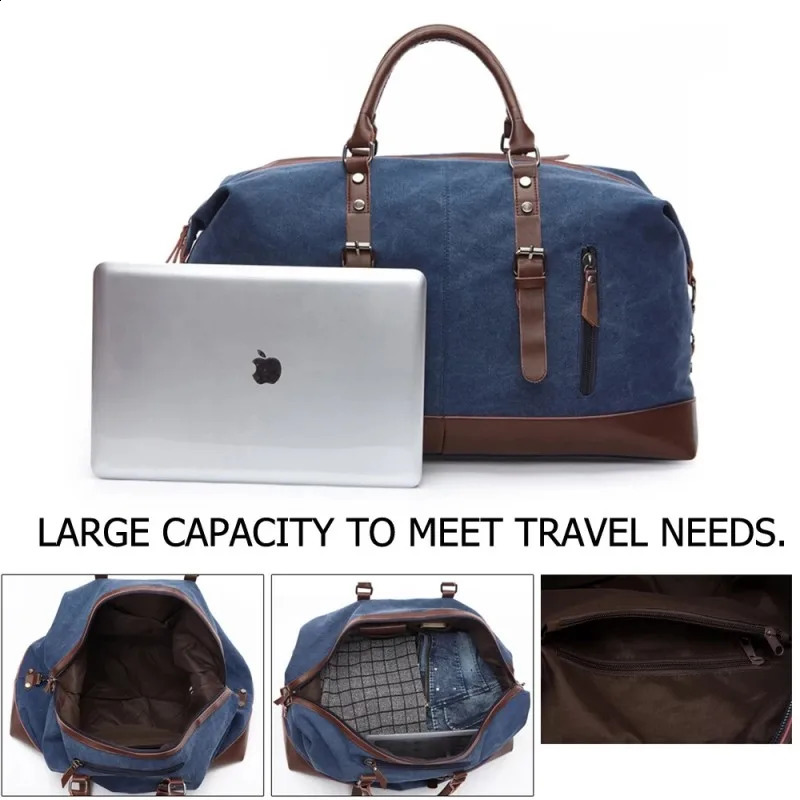 Canvas Travel Bag Men Simulation Leather PU Outdoor Luggage Travel Fitness Bag Large Capacity Tote Handbag Hiking Luggage Bag 240819