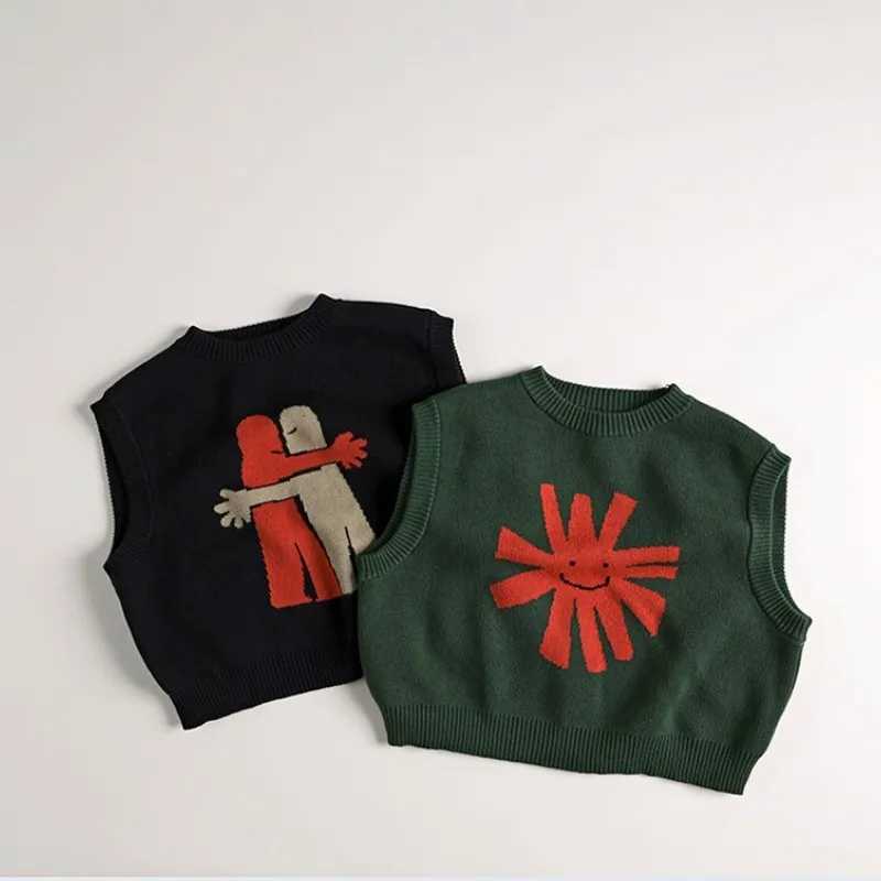 Autumn New Children Sleeveless Knitted Vest Fashion Print Boys Girls O-neck Loose Pullover Sweater Vintage Casual Kids ClothesXJ240819