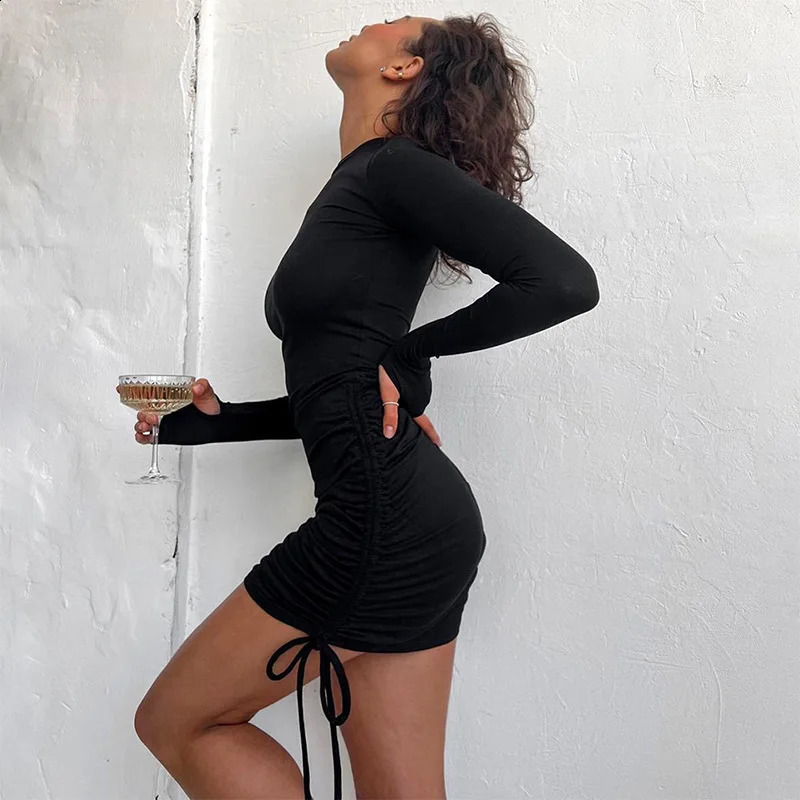 Sexy Drawstring Ruched Mini Dress Outfits for Women Long Sleeve Club Party Bodycon Dresses Solid Vestido Autumn Spring 240819