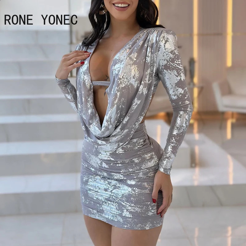 Women Sequins Ink Pattern Deep V Neck Swing Collar Long Sleeves Midriff Mini Sexy Party Dresses 240819