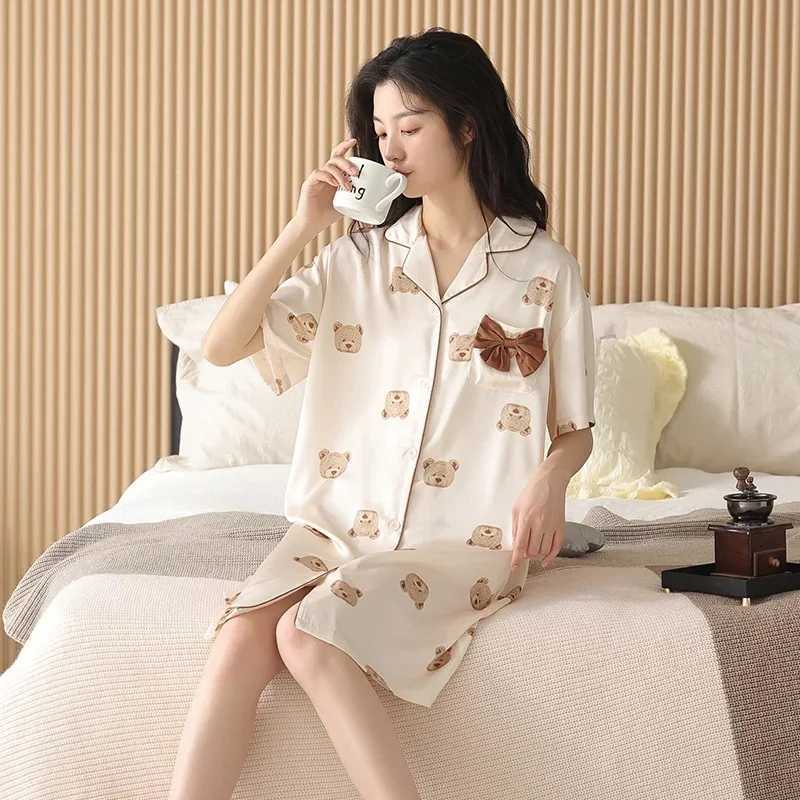 2017 Summer Couple Short sleeved Silk Satin Pajama Set Korean Cute Cartoon Pajama Womens Evening DressW240719