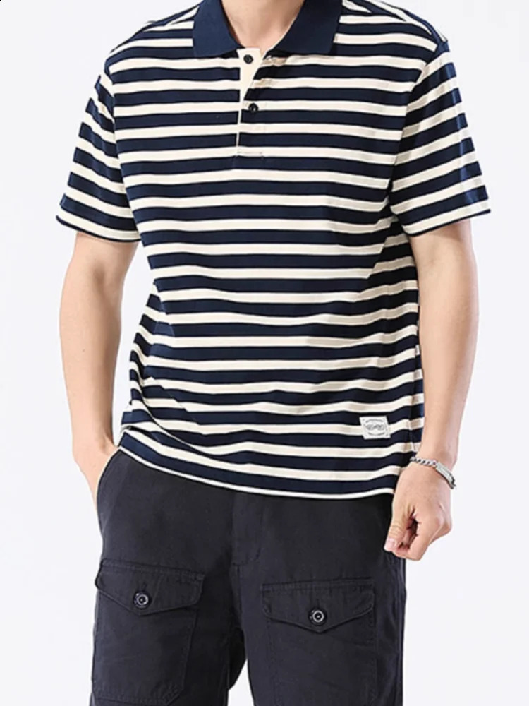 Summer American Retro Navy Stripe Fashion Polo Shirt Mens Simple Pure Cotton Short Sleeve Youth Casual T-shir 240820