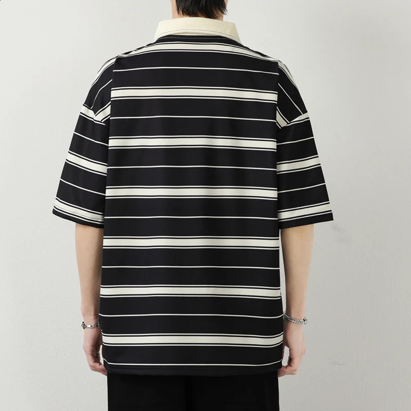 Young Style Loose Striped Polo Shirts Summer Casual Half Sleeve Mens Clothing Fashion Turn-down Collar Korean Pockets T-shirts 240820