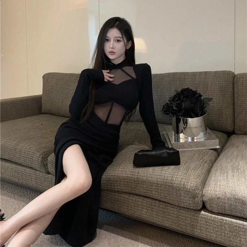 Long Sleeve Dresses Women Halter Elegant Black Sexy Slit Fashion Skinny Spring sweet Sheer European Style Ankle-length Party 240819