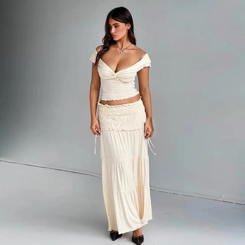 Lygens Off The Shoulder Sleeveless Cross Ruffles WomenS Tops Tshirts Solid Slim Summer Streetwear Fashion Casual Clothing 240819