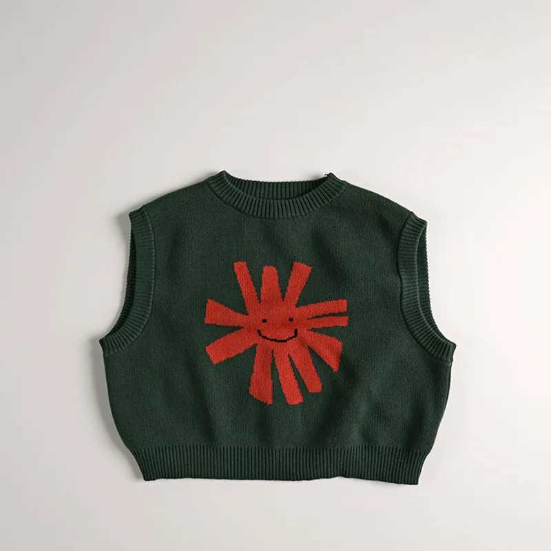Autumn New Children Sleeveless Knitted Vest Fashion Print Boys Girls O-neck Loose Pullover Sweater Vintage Casual Kids ClothesXJ240819