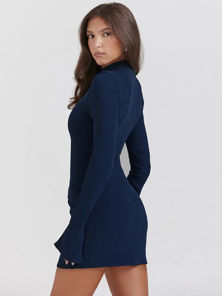 Mozision Dark Blue Two Pocket Sexy Mini Dress For Women Autumn Winter Long Sleeve Bodycon Club Party Dress Elegant 240819