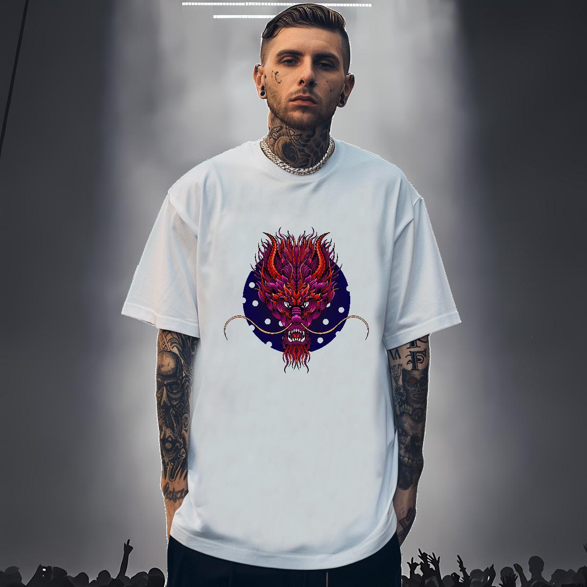 T Shirt For Man 230g Cotton dragon Sport Breathable Soft Plus Size Cartoon Men Clothes T-Shirt 2024 New Loose Fit Wear
