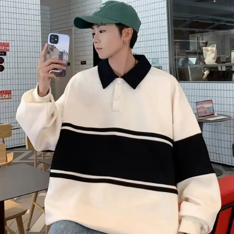 Stripe Polo Sweat Shirt T Man Oversize Top Big Size Sweatshirts Baggy Harajuku Fashion High Quality Japan Quotes Mens Clothing 240819