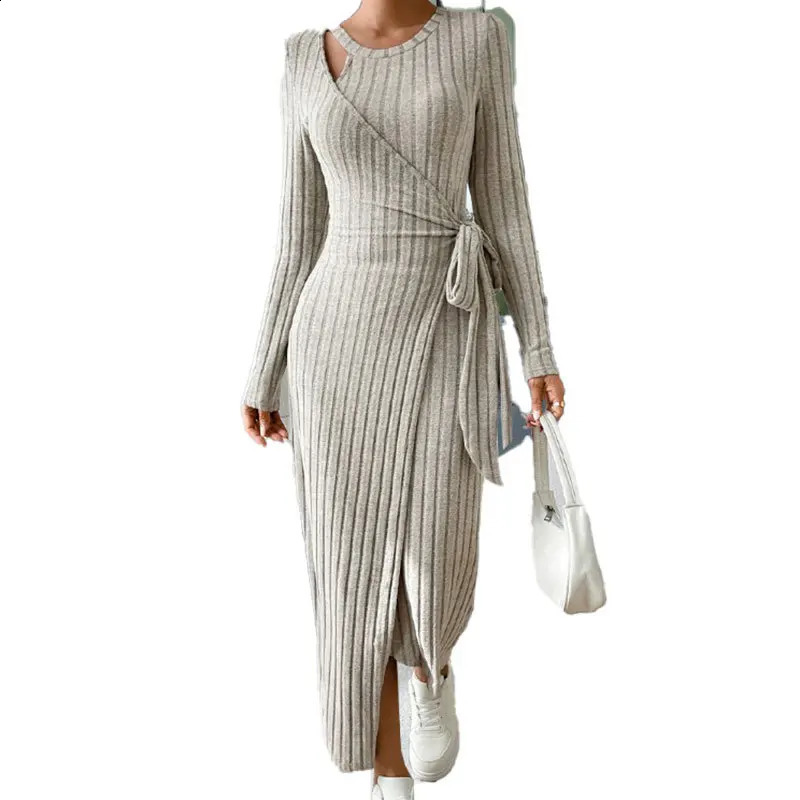 Autumn/Winter Womens Fashion and Elegant Commuting Round Neck Solid Long Sleeve Lace up Waist Knitted Dress 240819