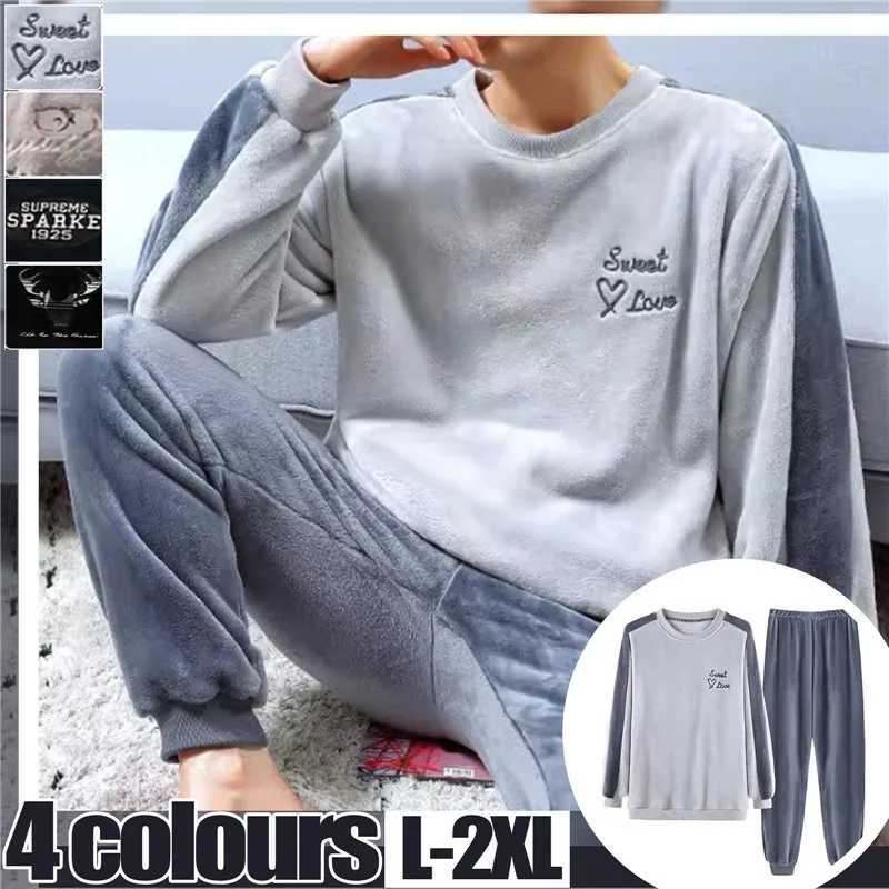 Winter mens wool casual long sleeved pajamas set coral velvet cute cartoon pajamas for couples plush thick warm pajamasW240719
