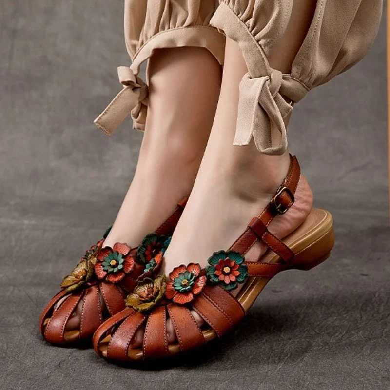 Retro Women Rome Sandals 2024 Summer Flower Buckle Design Soft Leather Platform Sandal Casual Fashion Mom Shoes Sandalias Mujer CL240806