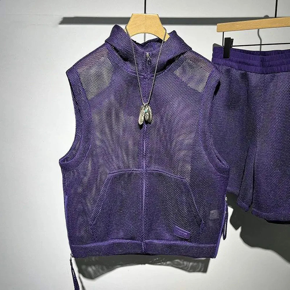 Mens Casual TwoPiece Clothing 2024 Summer MenS Solid Color FullPrint Mesh Fashion Trend Loose Shorts Hooded Vest Suit 240819