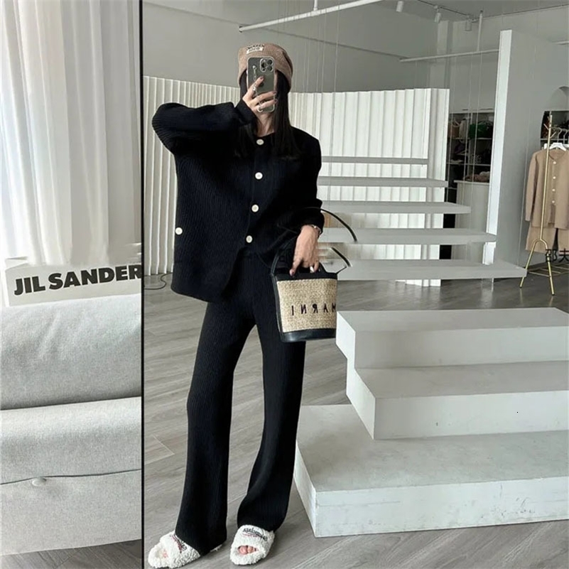 Elegant Knitwears Pants Ensembles Soft Sweater Cardigan Tops Suit Knit Wide Leg Pantalones Conjunto Casual Knitted Two Piece Set 240819
