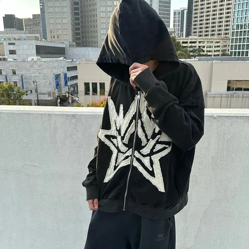 Mens Gothic Street Hoodie Embroidered Star Zipper Hoodie Retro Hip Hop European and American Autumn Winter Y2K 2024 240819