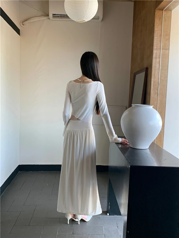 Lace White Long Dress WomenS Spring And Autumn Style High-End Sense Spliced Waist Exposed Slim Fit Temperament Dress 240819
