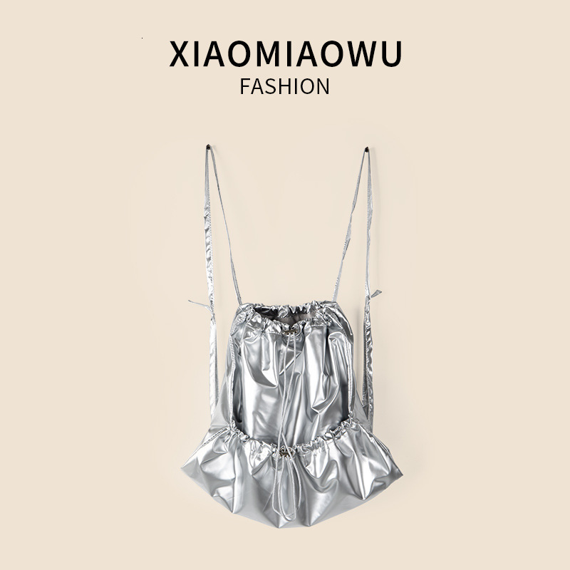 2024 new simple silver travel fashion women's pleated drawstring bag casual large capacity backpack