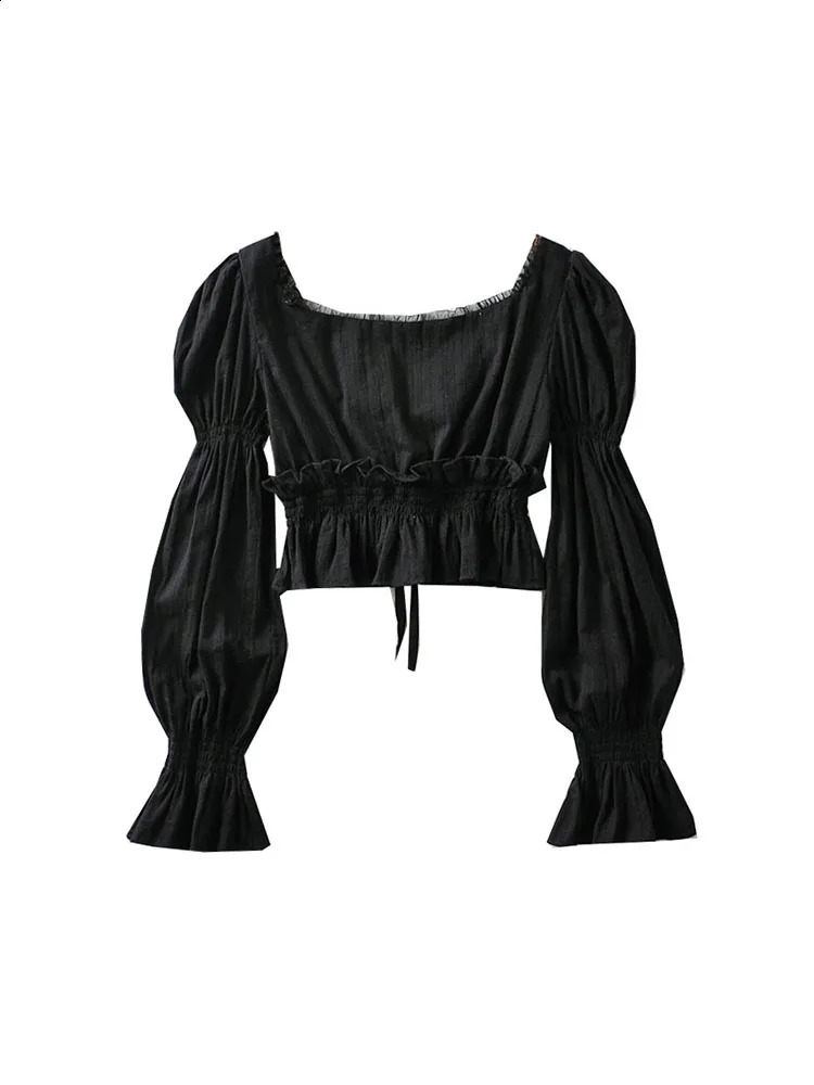 French pleated lantern womens long sleeved shirt springsummer item retro white square collar top 240819