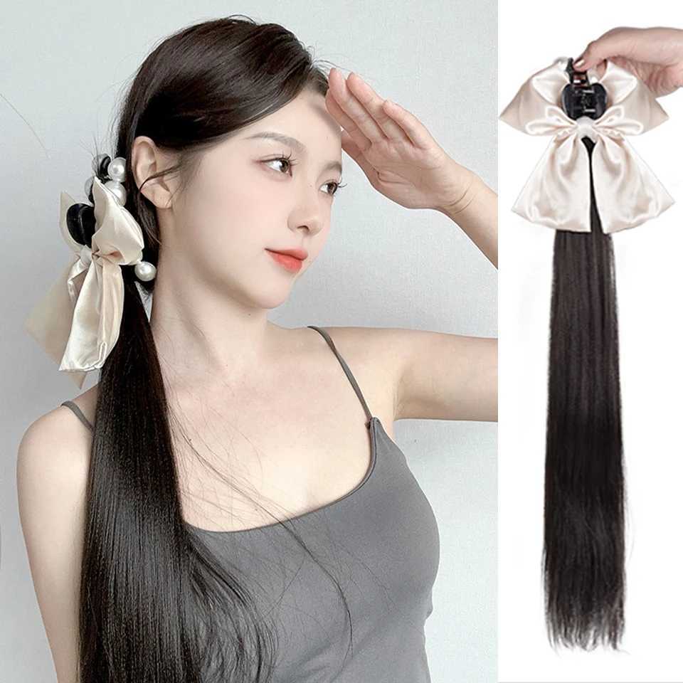 Beautiful synthetic bow ponytail wig womens claw clip high ponytail straight hair natural new Chinese braided ponytail W240817
