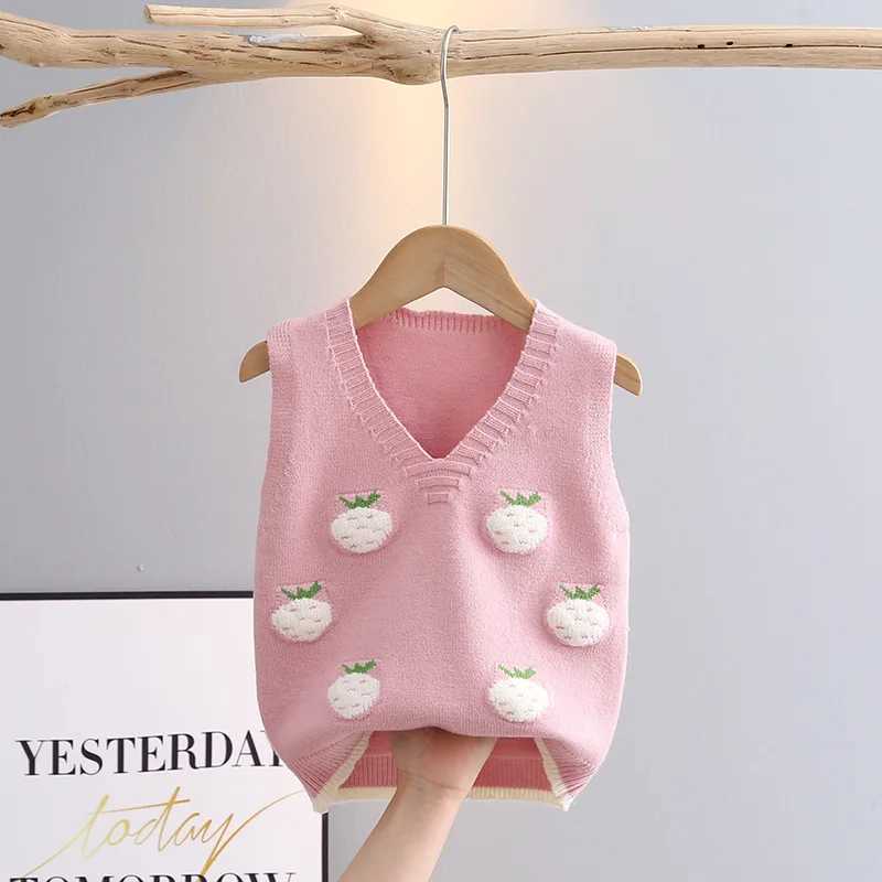 Sleeveless Sweater for Girls Spring Fall V-neck Children Knitwear Baby Girl Knit Vest Cartoon Strawberry Kids Waistcoats GY03083XJ240819