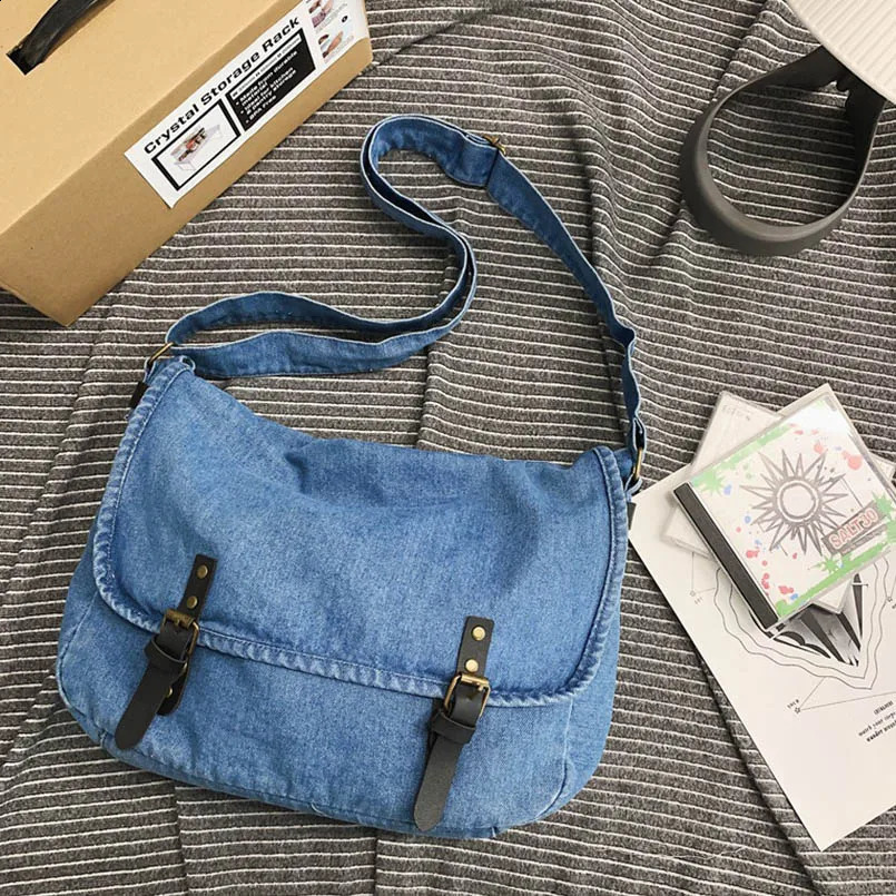 Denim Unisex Jean Campus Big Capacit Foldable Cover Crossbody Messenger Bag Handbags Letter Shoulder Shopper Laptop Female Purse 240819