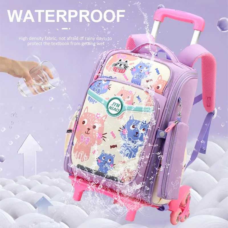 Waterproof School Backpack with Wheels Children School Bags for Girls Kids Trolley Schoolbag Luggage Large Capacity Book Bags Y240820