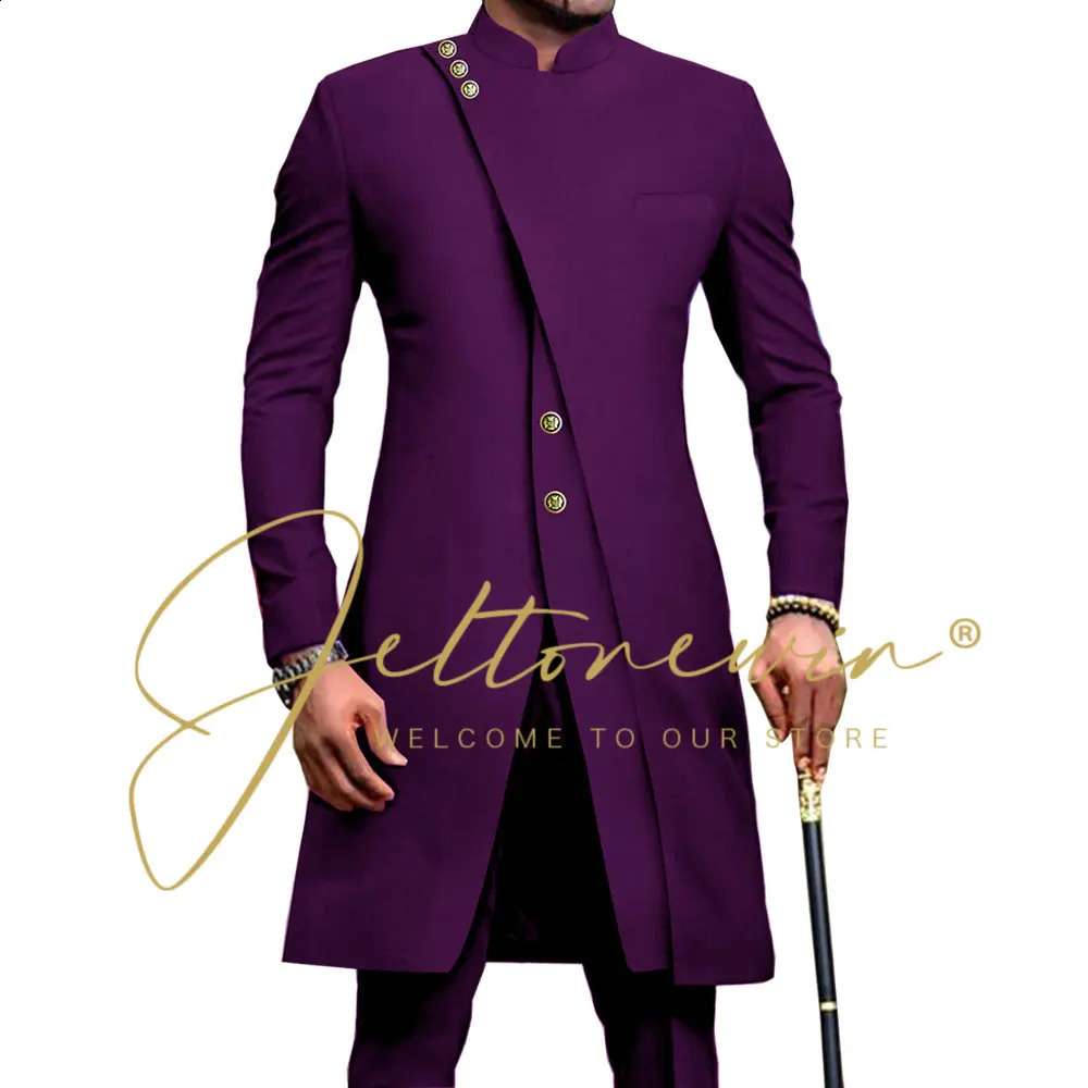 African Style Stand Collar Male Navy Blue Groom Tuxedos For Wedding Costume Groomsmen Man Slim Fit 2 Piece Blazer Pant 240819