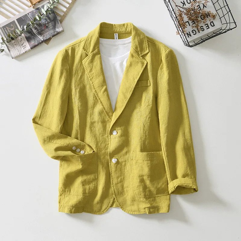 Mens Jacket SpringSummer Solid Color Slimming Business Casual Thin White Cotton Linen Set 240819