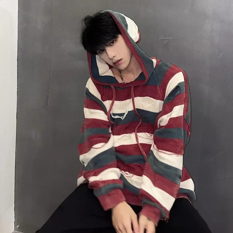 American style retro Distressed Striped knit hooded sweater for womens casual niche pullover 240819