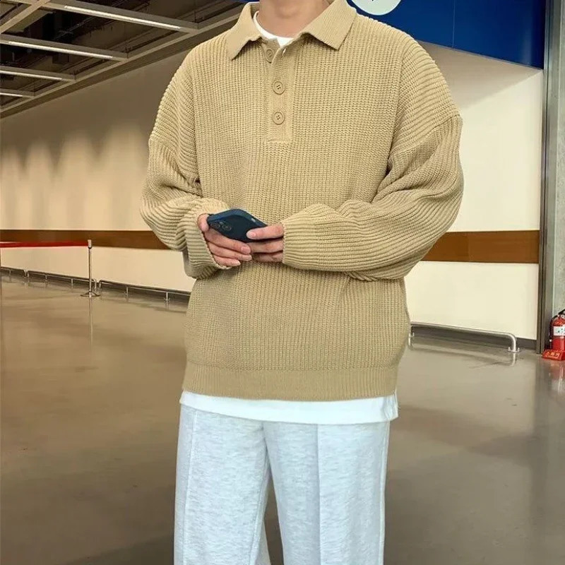 Knit Polo Sweat Shirt Mens Clothing Unicolor T Man Plain Xl Harajuku Fashion 90s Vintage Elasticity Emo One Piece Tee It A Top 240819