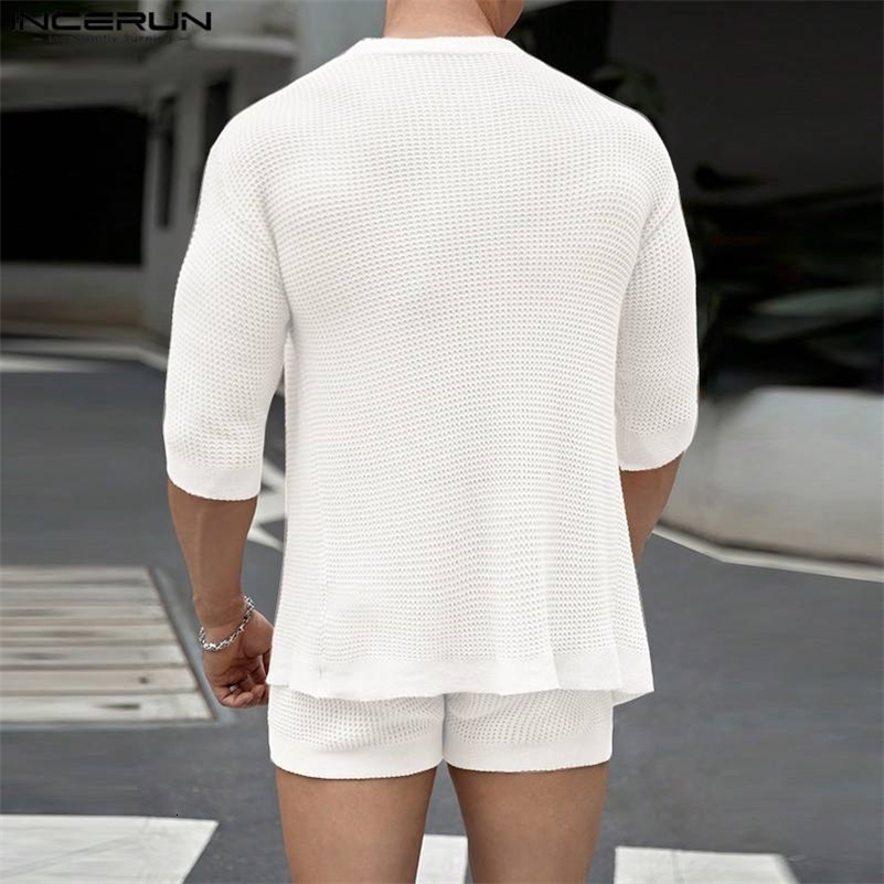 Men Sets Solid Color Streetwear Summer Half Sleeve Cardigan Drawstring Shorts Two Pieces Sets Mens Casual Suits INCERUN 240819