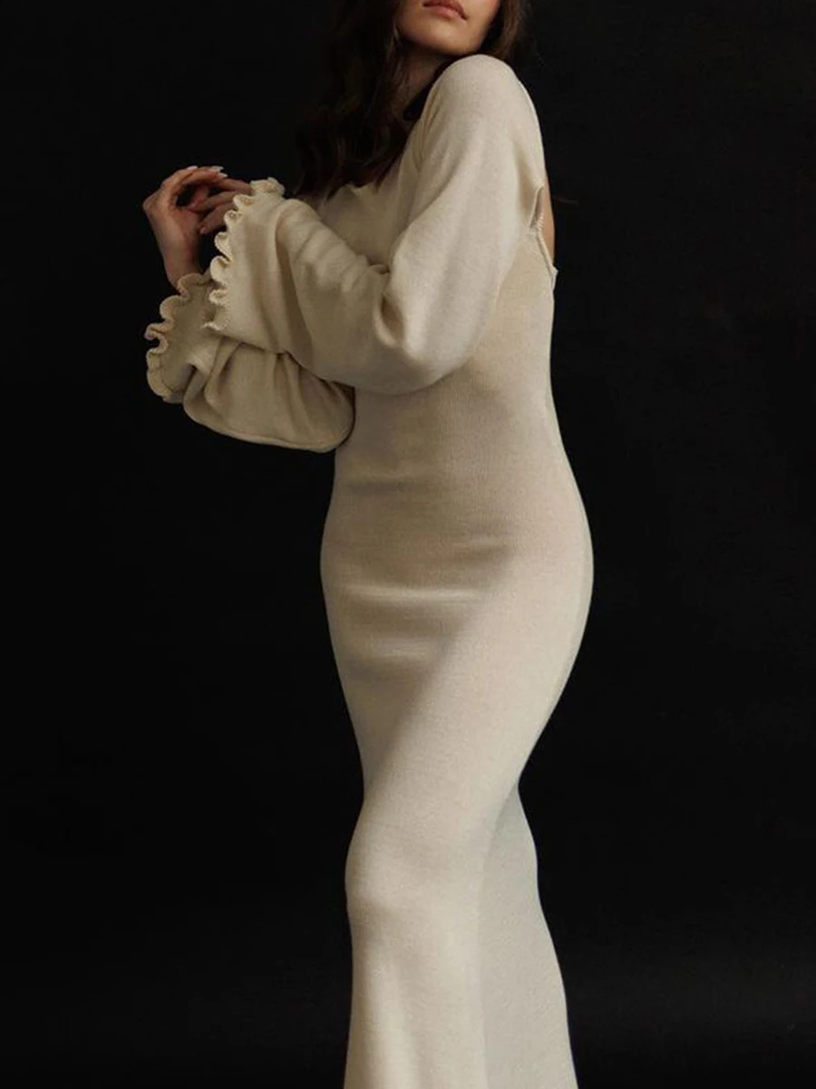 Women Ribbed Knit Ruffle Trim Long Dress Long Sleeve Bodycon Party Cocktail Dress Flare Summer Beach Cover Up 240819