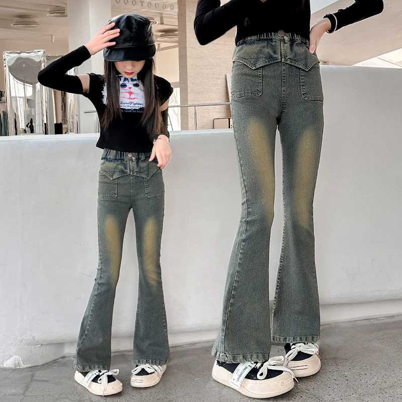 Girls retro triangle denim belly pants suitable for girls older children and children aged 5-14 with elastic belly pantsW240819