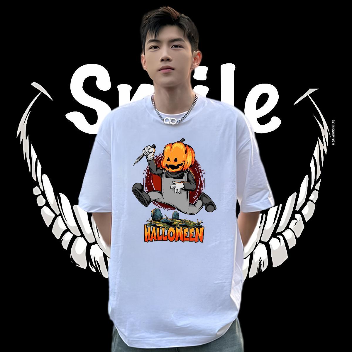 Fashion Casual Men Clothes T-Shirt halloween Street Casual 230g Cotton Tops Crew Neck Classic Man T Shirts DIY Logo Oversized