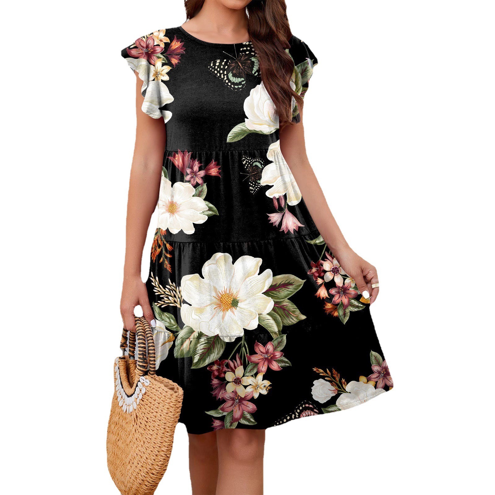 Knitted Printed Cake Flying Sleeve Casual Dress