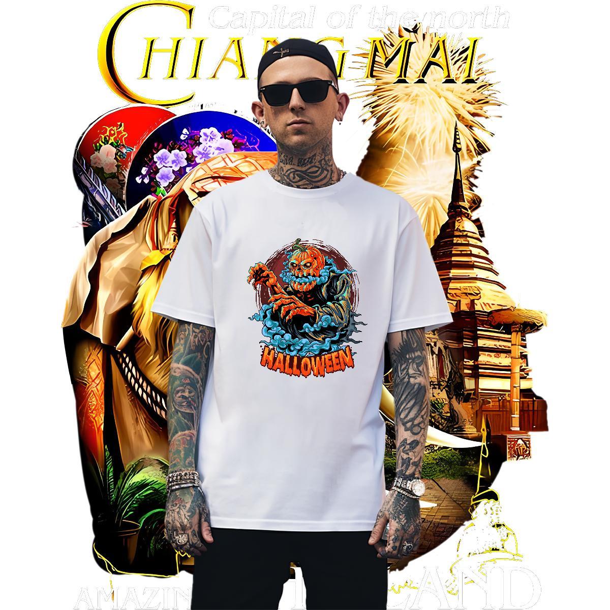 Comfortable Men T Shirts pumpkin Short Sleeve O-Neck Casual Daily Wear Anime Print 230g 100% Cotton Men Tees 2024 Designer Tees Shirts